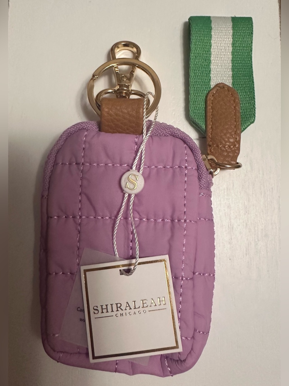 🆕 Shiraleah Ezra Clip-On Lilac Quilted Pouch w/ Green&White Striped Zipper Pull